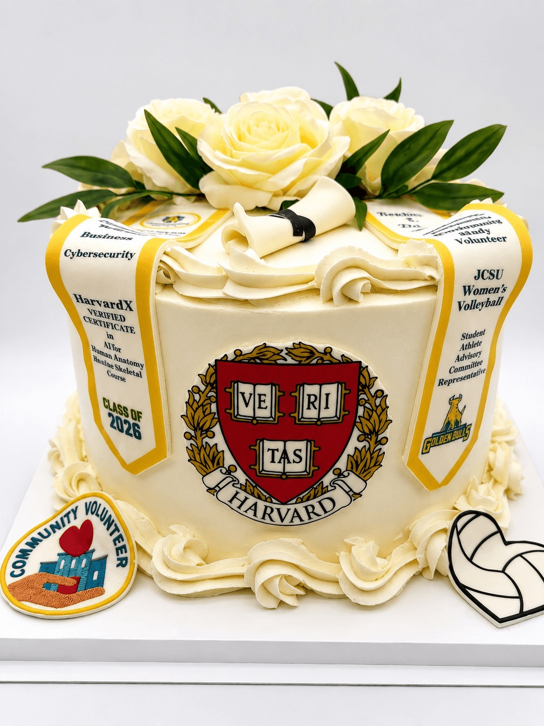 A frosted cake with candles and colorful celebration details.