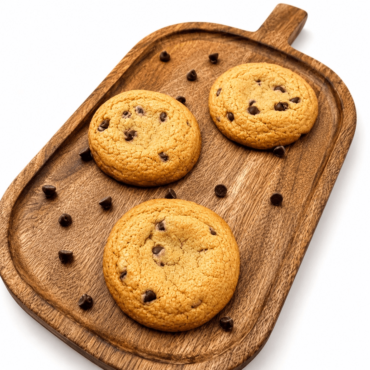 Fresh chocolate chip cookies stacked on parchment paper.